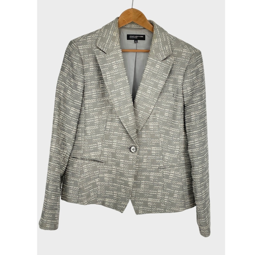 Jones New York Womens Blazer 14 Jacket Grey Ivory Textured Metallic Tweed